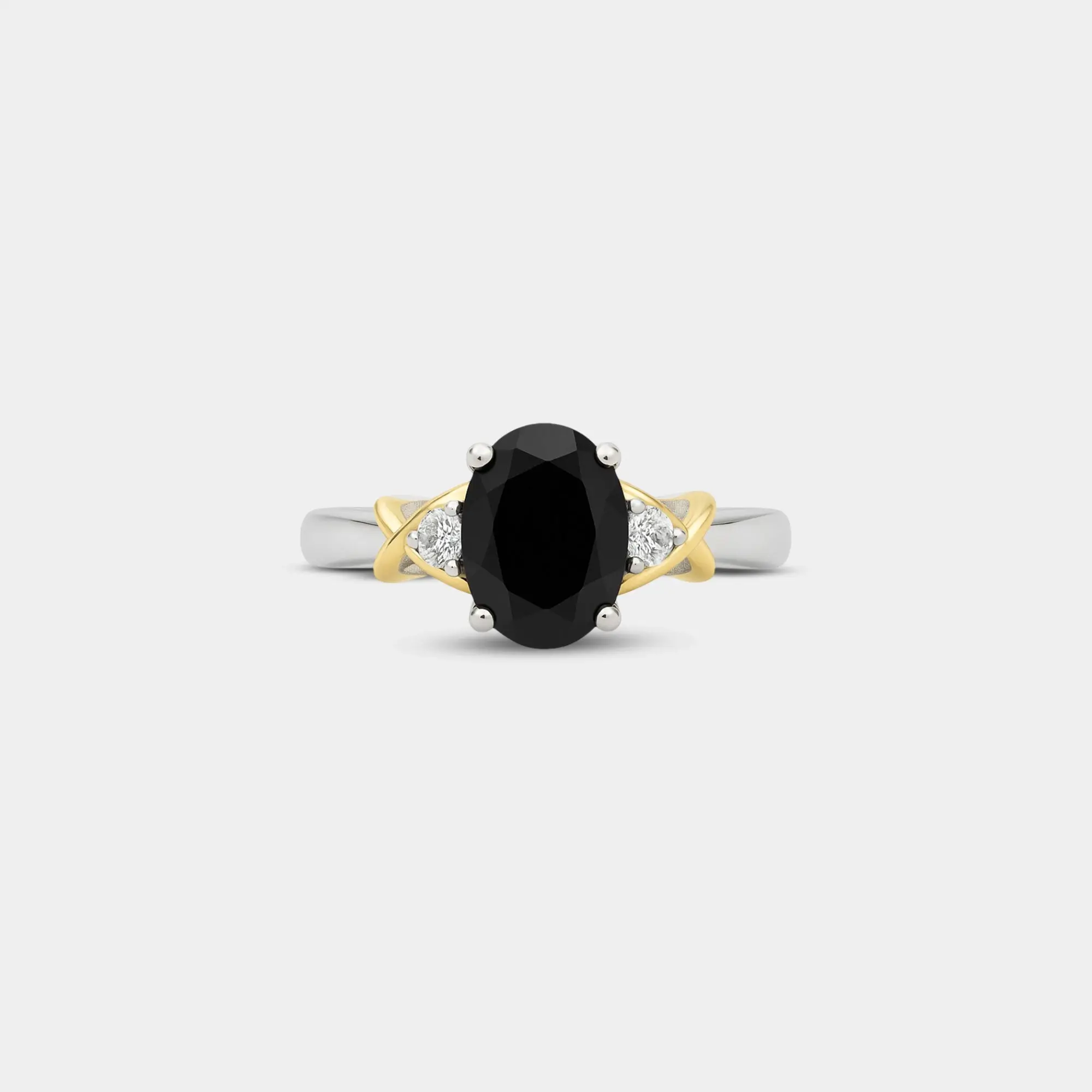 Oval Black Onyx & Diamond Crossover Ring | 10K Gold & Silver Black Gemstone Ring