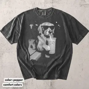 Funny Black White Golden Retriever Drinking Iced Coffee Comfort Colors T-shirt, Vintage 90s Edgy Dog Meme Tee, Unisex Fit Design, Casual Streetwear, Gift for Dog Lovers