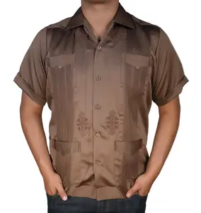 Copacabana Men's Short Sleeve Polyester Guayabera - Brown