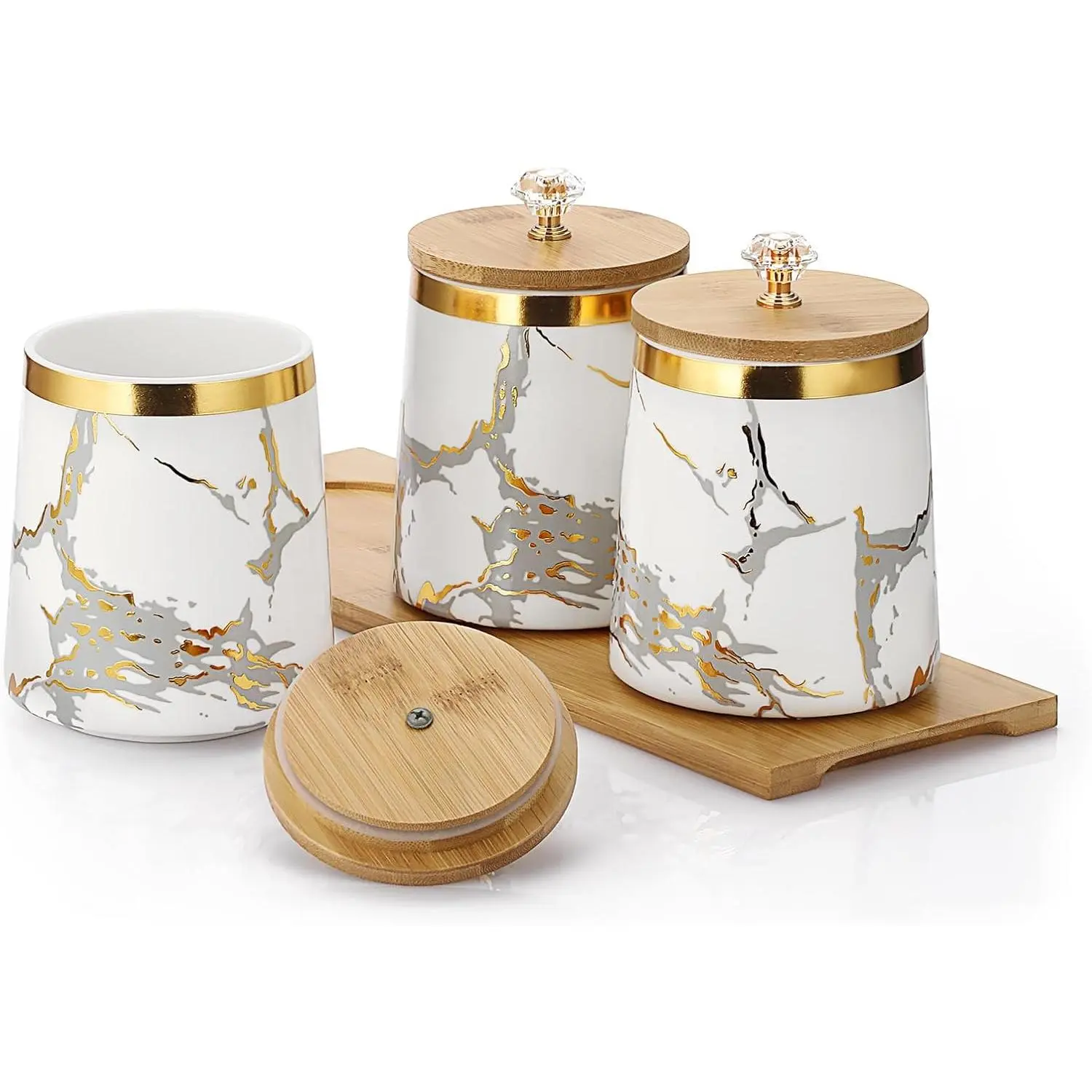 Set of 3 Canisters Set for Sugar Coffee  with Airtight Lid, Ceramic Storage Containers Sets White Storage Pots with Tray Storage Jar Decorative Canisters Sets for for Kitchen Counter