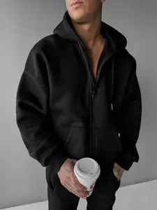 Unisex Men's Solid Color Drop Shoulder Long Sleeve Zip Up Hoodie, Basic Casual Regular Fit Drawstring Pocket Zipper Hooded Jacket for Daily Holiday Outdoor Wear, Men Clothes for Spring, Sweatshirts, Tops, Drawstring Pocket Hoodies