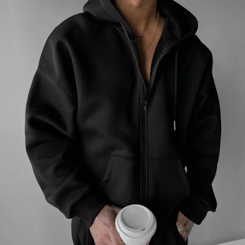 Unisex Men's Solid Color Drop Shoulder Long Sleeve Zip Up Hoodie, Basic Casual Regular Fit Drawstring Pocket Zipper Hooded Jacket for Daily Holiday Outdoor Wear, Men Clothes for Spring, Sweatshirts, Tops, Drawstring Pocket Hoodies