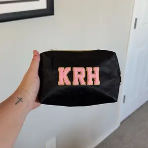 Customized Initials Makeup Bag - Black with Pink "KRH" Embellishment Personalized Cosmetic Pouch