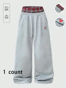 Men's Dual Waist Belt Plaid Design Letter Embroidery Casual Drawstring Side Stripe Pants, Street Style, Daily Wear, Versatile Fashion