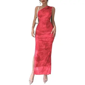 SKAYS Women's Floral One Shoulder Maxi Long Dress Bodycon Ruched Slit Summer Mesh Beach Wedding Guest Cocktail Dress