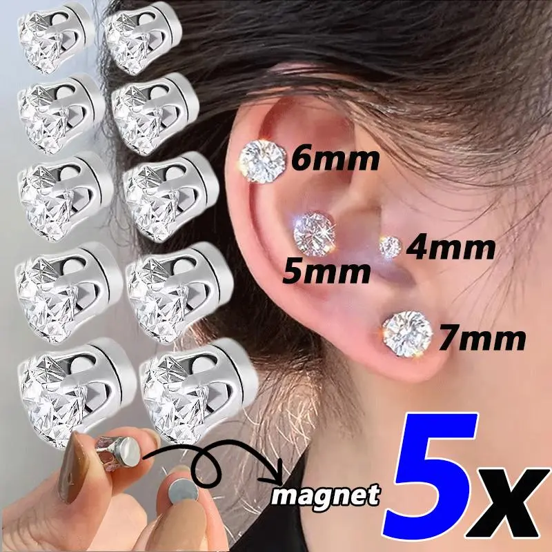 5/1pcs Magnetic No Piercing Required Earrings Adjustable Size Clip on Earrings 6-Prong Royal Crystal Design Perfect for Ear Bone