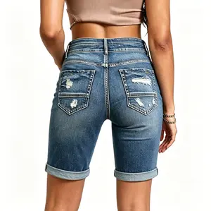 Women's Fashion High-Waisted Rolled-Hem Distressed Fit Denim Shorts,High Waist Mid-Length Denim Shorts, Vintage Washed with Back Pocket Rips