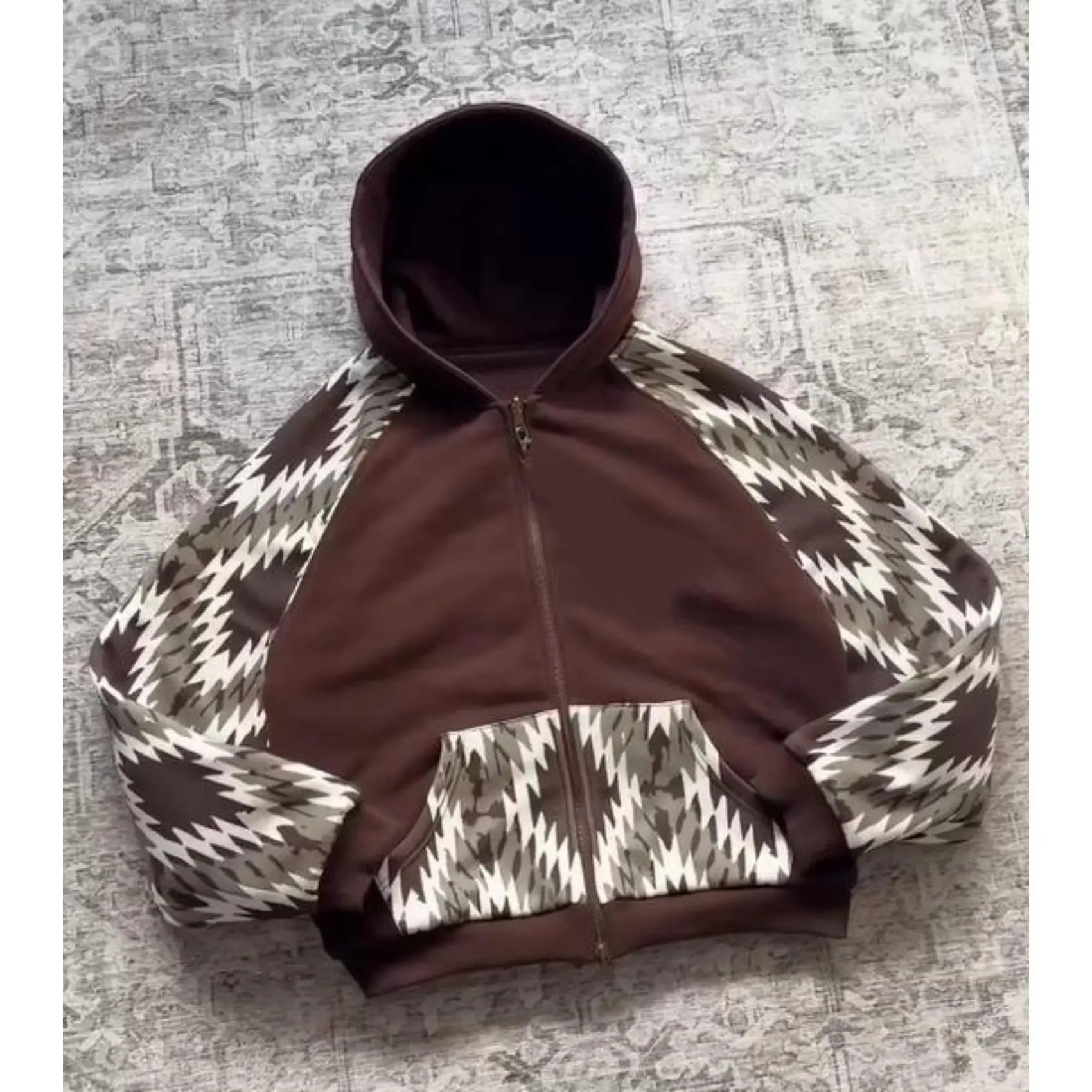 Y2K Ethnic Geometric Patchwork Zip Up Hoodie Aztec Print Raglan Sleeve Loose Streetwear Hooded Jacket