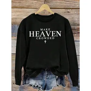 Plus Size, Women's Plus Size Oversized 'Make Heaven Crowded' Faith Sweatshirt - White Cross & Verse Print Pullover, Cozy Winter Warm Crewneck Sweater, Casual Church Fit Soft And Breathable Anti-Wrinkle Anti-Pilling Soft Comfortable Cotton Top