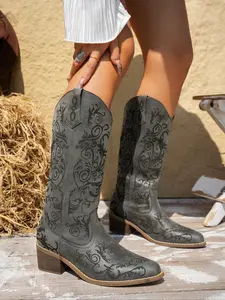 Women's Western Style Fashion Print Mid-Calf Boots, Outdoor Cycling Boots, Stylish Women's Boots for Casual Wear, Western Cowboy Boot