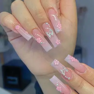 A4 Nude Pink Ombré  Press-on Nails With Butterfly Pearl And Flower Charm Designs Long-lasting Durable Manicure Nail Art