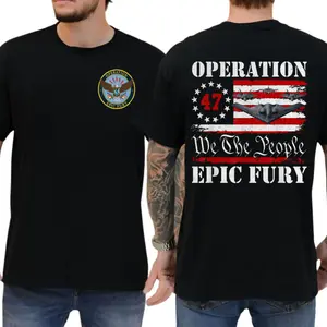 Operation Epic Fury US Air Force B-2 Spirit Stealth Jet with American Flag T-Shirt, 4th Of July Patriotic Pride 2 Sided Design Unisex Cotton T-shirt for Men for Women Menswear Womenswear Top