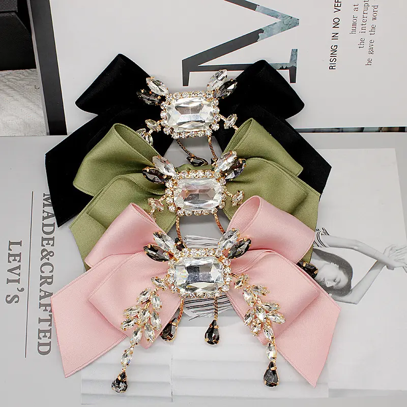 Vintage Satin Bow Hair Barrette with Tassel Crystal Rhinestone, Large Double Layer Bow Hair Clip, Elegant Preppy Hair Accessory for Wedding Party Daily School Outfit