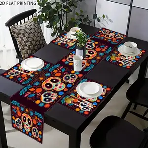 1 piece/4 piece/5 piece set/7 piece set, Mexican style skull linen table flag and placemat, holiday Halloween Death Pudding dressing table scarf, family gathering and festival decoration, home decoration, gifts, scene decoration, party supplies