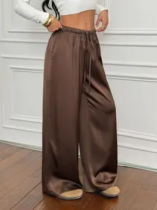 Women's Low-Waist Casual Retro Satin Long Pants,Viral Satin Wide-Leg Pants - Flowy, Elastic Waist, CasualRetro, Versatile Women' s Pants