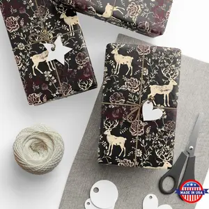 Black Floral Deer Christmas Wrapping Paper Rolls, Gothic Woodland Gift Wrap, Dark Academia Holiday Wrap