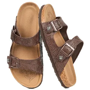 OOW Men's Cork Footbed Sandals Embossed Leather Pattern Double Adjustable Buckle Arch Support Slides Comfortable Non-Slip Summer Outdoor Beach Footwear