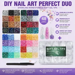 #Summervibes DIY Nail Art Set: 510PCS Pre-Etched Extra Short Clear Gel Tips & Gem Bedazzling Kit - 48Colors & 36000PCS with Mixed Resin Rhinestones, Tweezers, and Pick up Pen