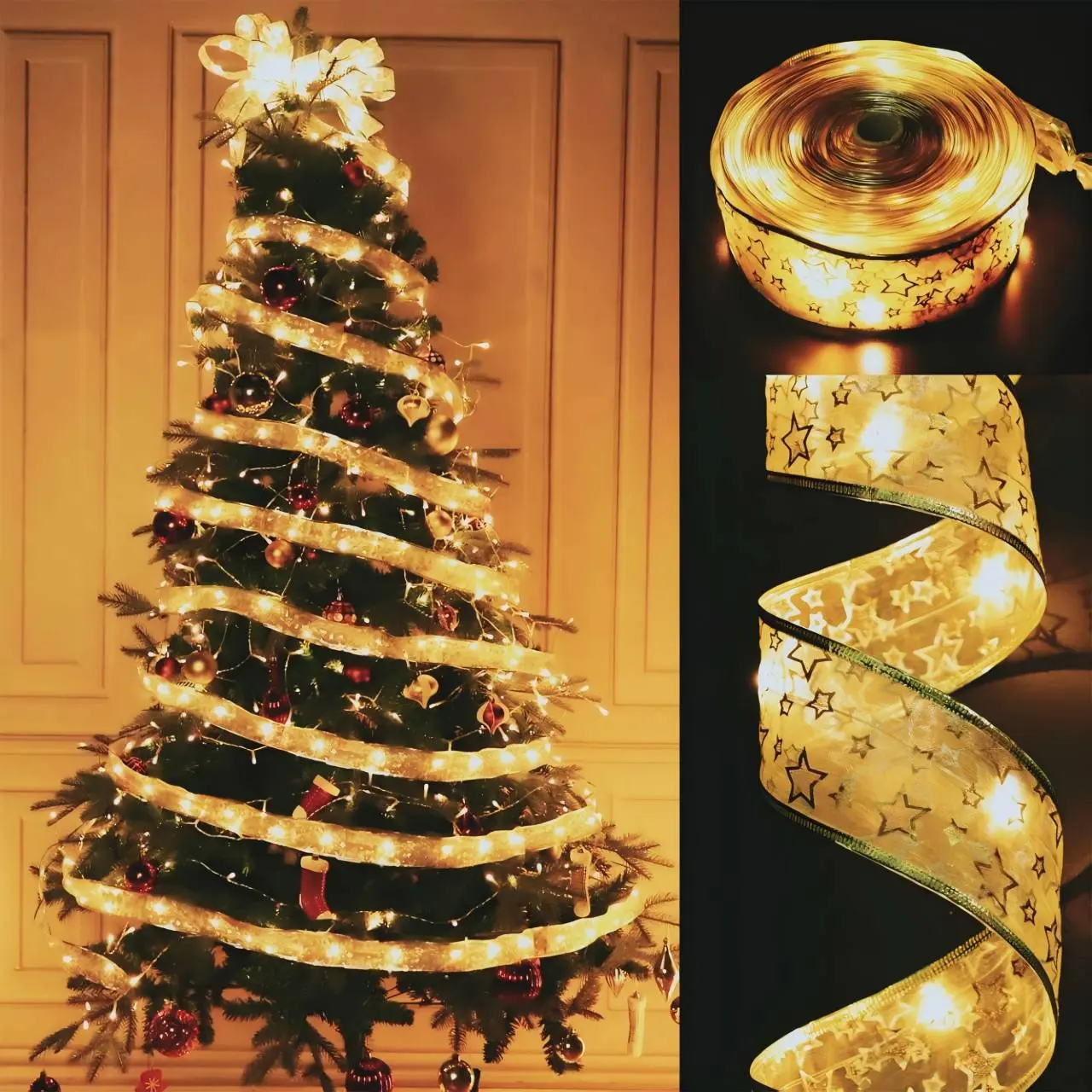 Christmas 2024 Ornament light, Christmas lights ceiling Ribbon Flower Butterfly light,Xmas Party Outdoor fairy lights Christmas tree Decoration lights