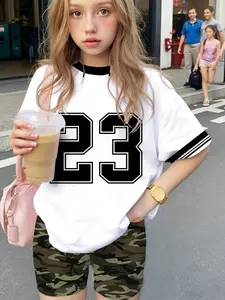 Summer Girls' Casual Two-Piece Set, Sportswear Set, Drop Shoulder Short Sleeve Yoga Pants, Camouflage Sporty Print, Trendy & Comfortable for Daily Wear