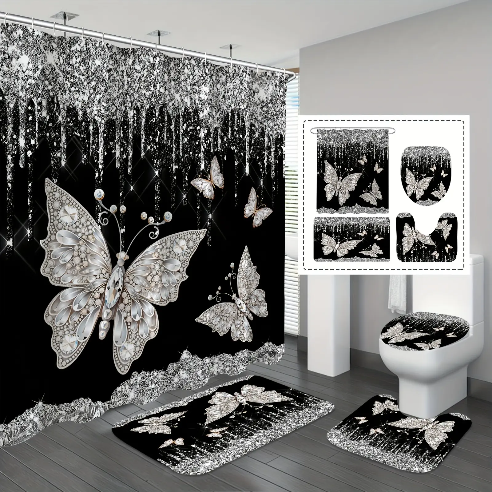 HOT 1/4pcs Black Glitter Butterflies Shower Curtain Set  Waterproof Shower Curtain with 12 Hooks  Non-Slip Bathroom Rug  Toilet U-Shape Mat  Toilet Lid Cover Pad  Bathroom Decor Pedestal Pedestal