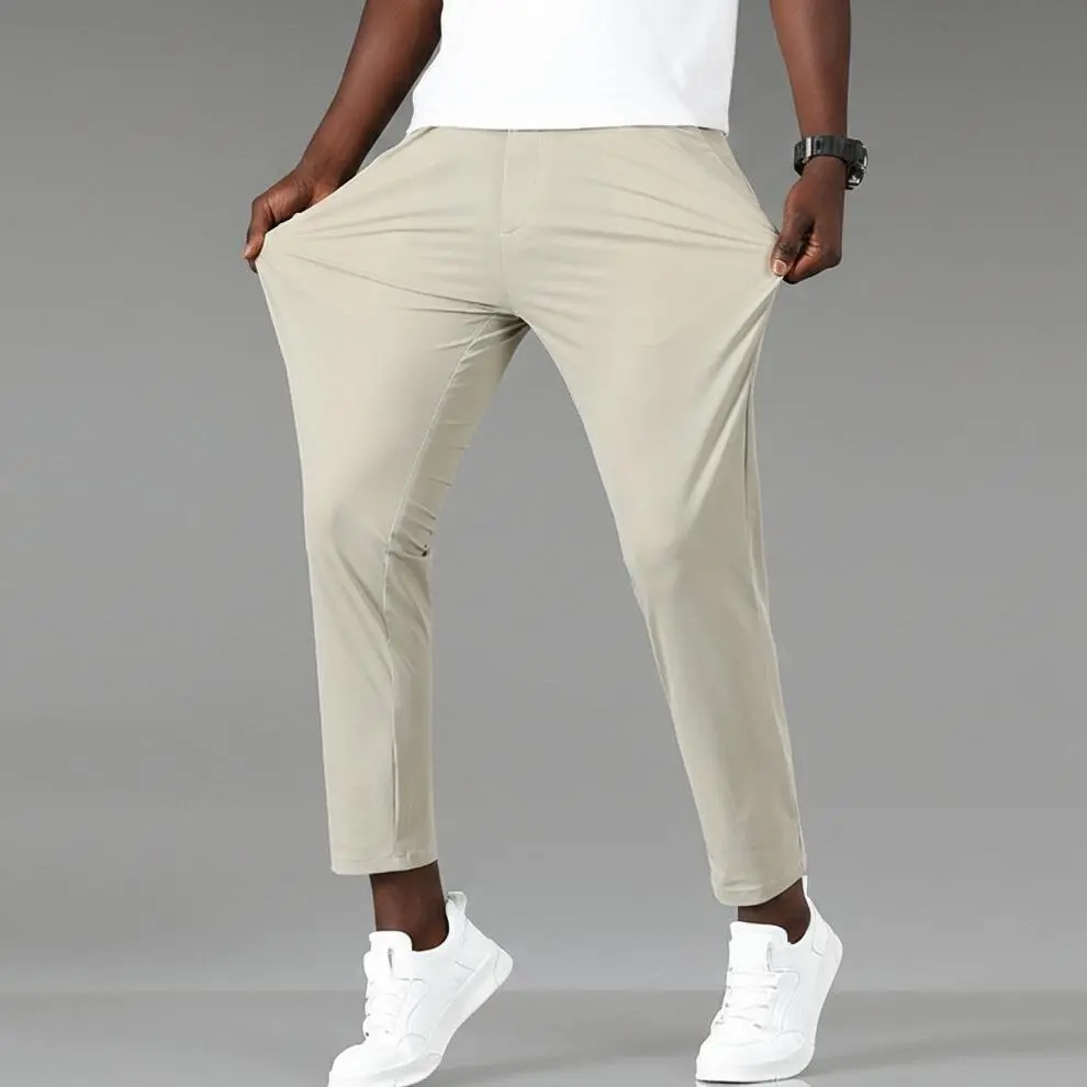 Summer men’s lightweight pants, available in multiple colors, ice-feel stretch, wrinkle-free, 9/10 length golf pants; business casual, dressy straight cut, fashionable high-end commuter style, versatile basic mid-rise design, resists wrinkles, smooth drap
