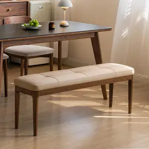 Wayshome 55.1'' Black Walnut Tufted Leather Dining Bench, Bedroom End of Bed Leather Upholstered Bench for Entryway with 100% Solid Black Walnut Leg Frame