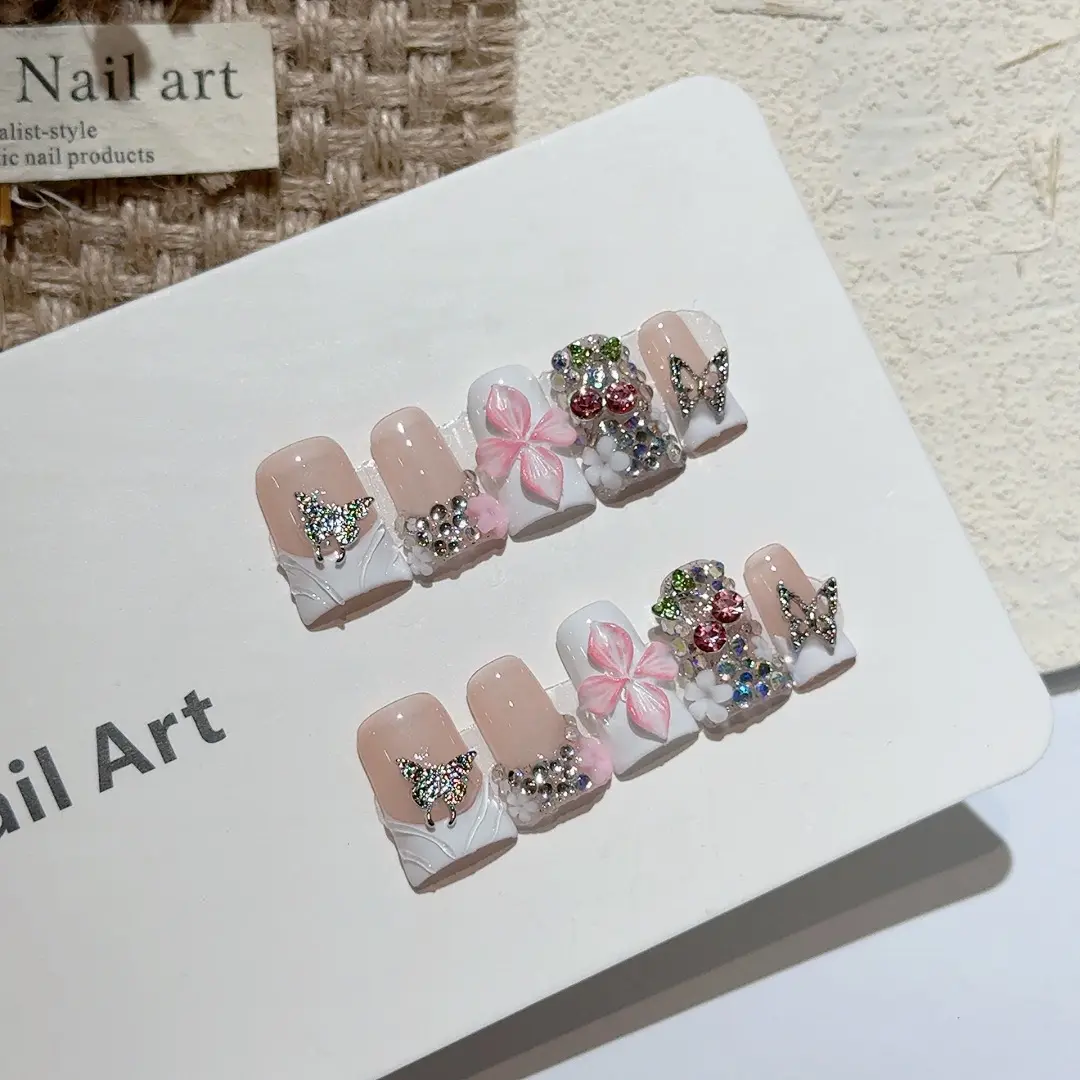 Handmade French Tip Press on Nails, 3D Pink Flower & Butterfly Design, Elegant Pearl False Nails, Nude Coquette Style Glue on Nails with Kit