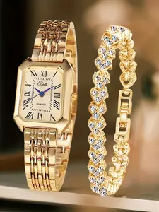 Classic Fashion Women's Watch with Roman Numerals and Sparkling Rhinestone Bracelet, Elegant Zinc Alloy for All Seasons, Elegant Square Dial, Quartz Analog Watch