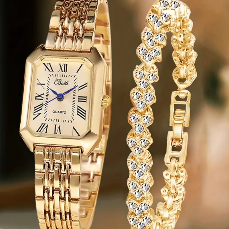Classic Fashion Women's Rectangular Watch with Roman Numeral Dial, Zinc Alloy Metal Chain Strap, Elegant Quartz Wrist Watch, Fashionable Wristwatches for All Seasons with Rhinestone Heart Bracelet Gift Set