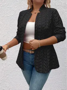 Elegant Plus Size Women's Solid Color Jacquard Long Sleeve Jacket Coat, Casual Daily Wear Outerwear for Ladies, Stylish & Comfortable Design
