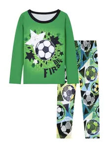 Boys' 2-Piece Cool Football Pattern Pajama Set, Spring & Fall Thin Round Neck Long Sleeve Sleepwear, Sporty Slim Fit Home Wear Pajamas