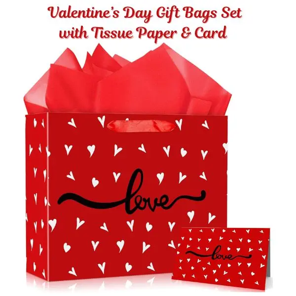 Valentine’s Day Gift Bags Set with Tissue Paper & Card – Love Heart Treat Bags for Kids & Adults, Valentine Gift Wrapping Bags for Wedding, Anniversary & Party Favors