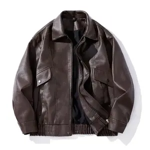 Men's autumn and winter casual synthetic leather bomber jacket, fashionable modern motorcycle flight jacket, casual loose soft motorcycle jacket, lapel button zipper long sleeved jacket with pockets, PU leatherRAIMENTRY