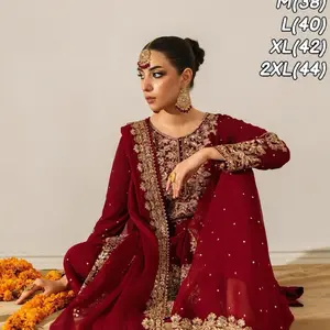 Bridal Embroidery Attire in Rich Maroon with Gold Accents and Beaded Details for Special Occasions