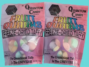 O.M.Geeks Quantum Candy Fruit Quarks Freeze-Dried Taffy Assorted Fruit Flavors 2-Packs, 10-Packs, 20-Packs - 2-Serving Pouches, 18g Each - Snack, Sweet