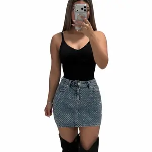 2026 Skirt Denim Skirts Rhinestone Designs Fashion Wear High Waist Mini Skirt for Women