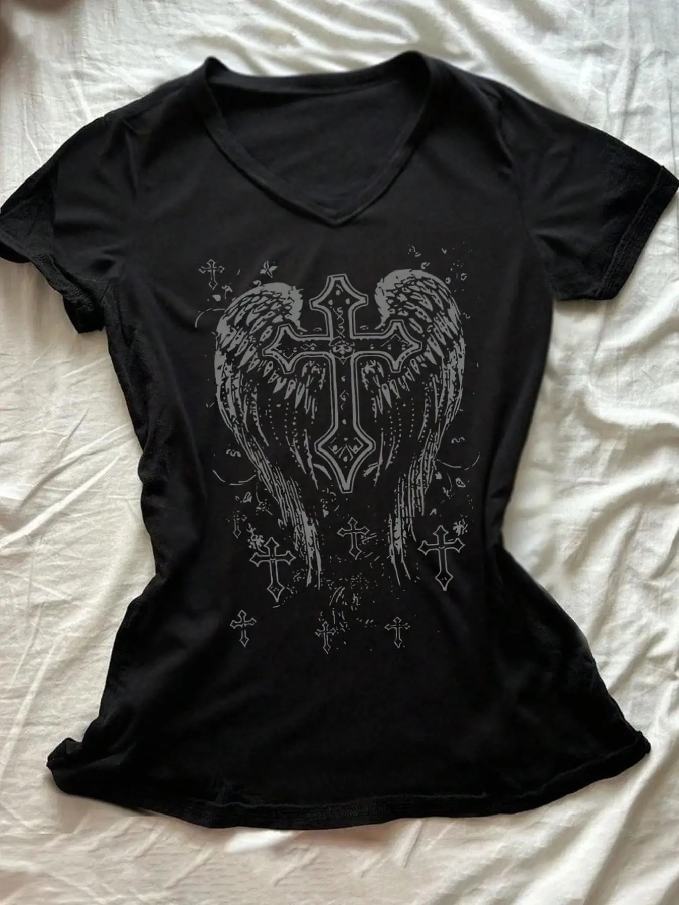 Gothic Cross Wings Graphic T-Shirt for Women | V-Neck Slim Fit Cotton Tee, Grunge Streetwear Y2K E-Girl Aesthetic, Retro 90s Alt Fashion, Edgy Dark Street Style, Dark Academia, Vintage Print, Casual Streetwear, Soft, Casual Everyday Wear