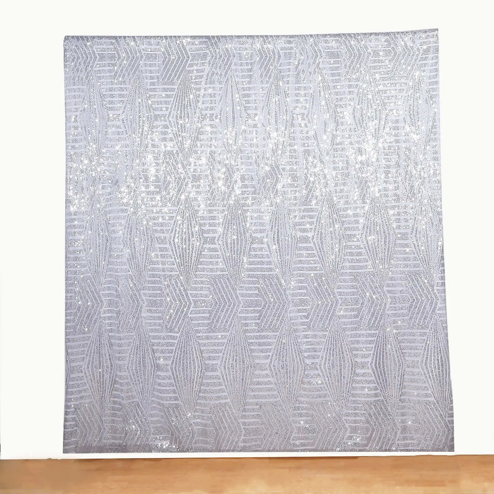 8ftx8ft Silver Geometric Sequin Event Curtain Drapes - Satin Backed, Seamless Opaque Diamond Glitz Panel for Home, Wedding Decor, Best Photo Tool