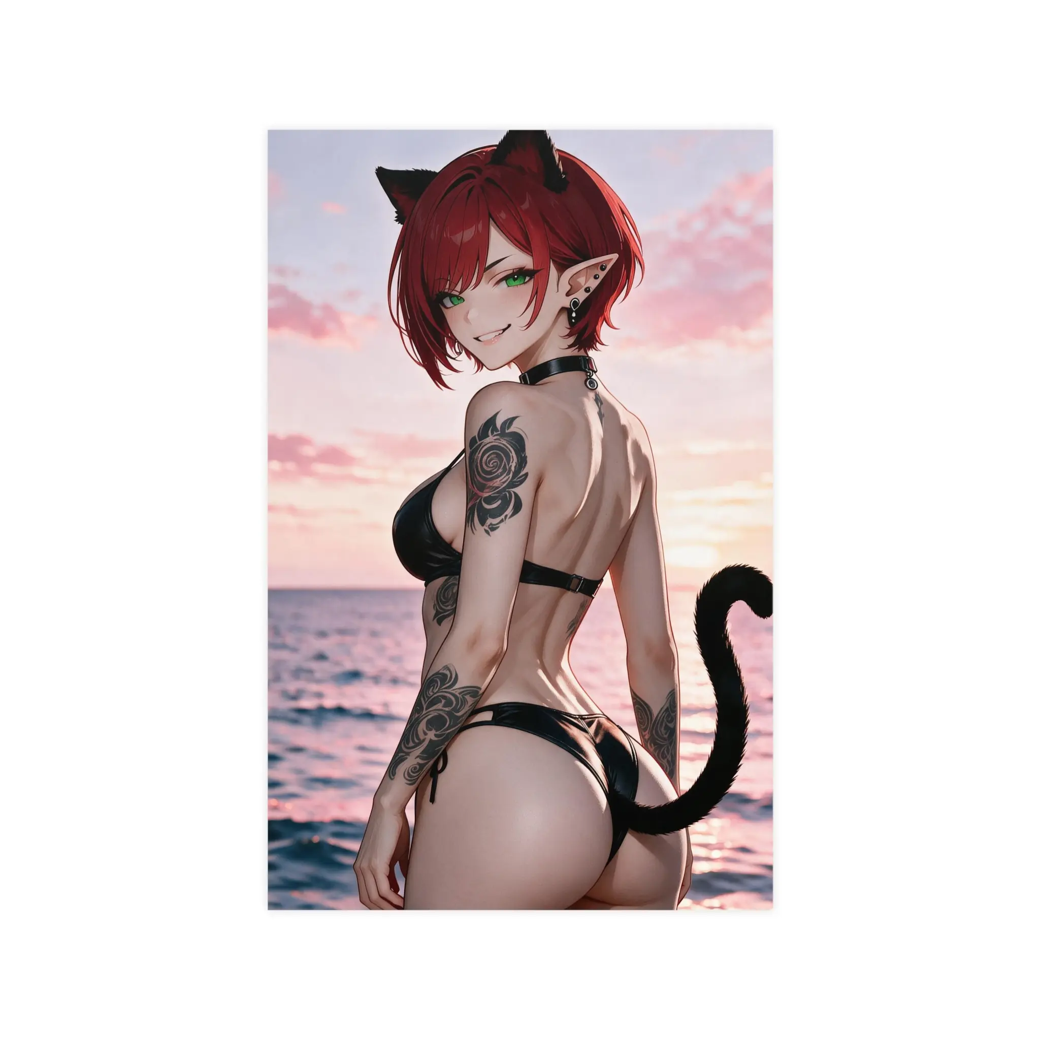 Red-Haired Catgirl Bikini Poster Vertical Matte Poster | Anime Pinup Beach