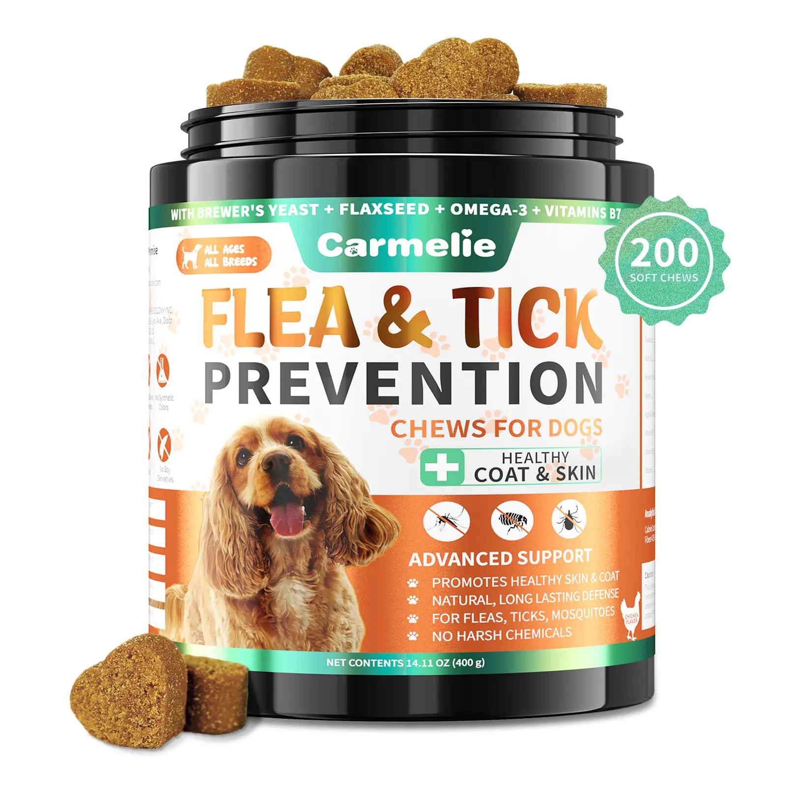Carmelie Natural Flea & Tick Support for Dogs – 200 Chews, All Breeds & Sizes, Supports Healthy Skin & Coat with Omega-3, Puppy Flea Protection, Chick