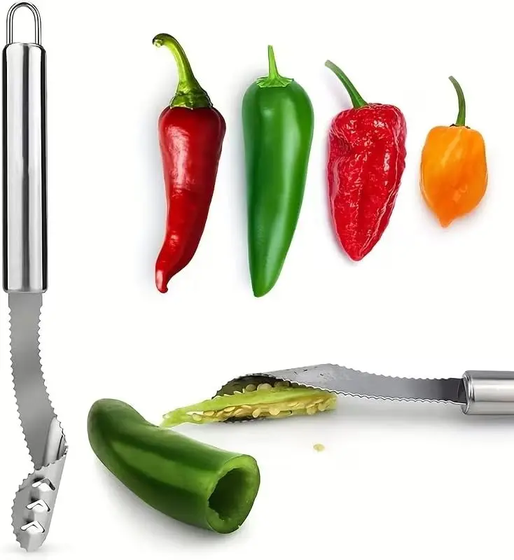 Stainless Steel Chili Corer Remover Kitchen Tool Stainless Steel Pepper Corer & Deseeder Serrated Chili Core Remover Tool for Bell Peppers,Easy-Clean Kitchen Utensil for Home Cooking Prep
