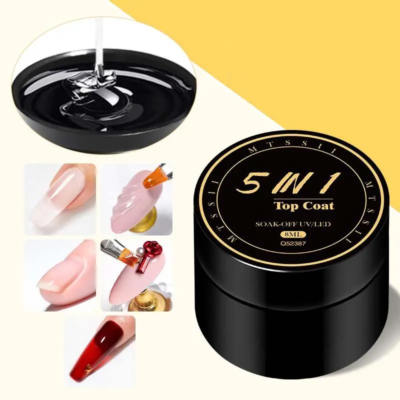 MTSSII 5 IN 1 Top Coat Gel Nail Polish, Clear Hard Gel Nail Extension 3D Modelling Rhinestone Glue, Soak Off UV Nail Gel for Semi-Permanent Varnish, Nail Art Supplies Top Gloss, Nail Care, UV Light Gel, Gel Topcoat