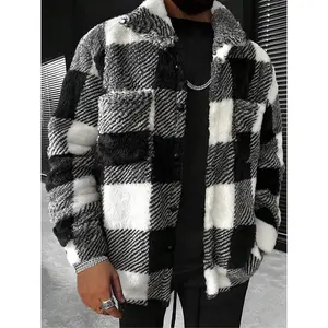 Men'sColorblockPlaidPrintButtonFrontFleeceJacket,RegularFitCasualPocketLongSleeveCollaredFuzzyOuterwearforFall&Winter,Men'sClothesforDailyWear