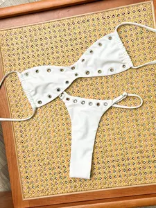 BKINI 2026 Womens Rhinestone Bandeau Bikini Set | Tie Bow Sexy White Beach Swimwear