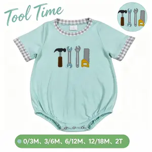 Hand Tools Embroidery Baby Boy Bubble Romper | Mint Gingham Trim Short Sleeve Summer Onesie Outfit