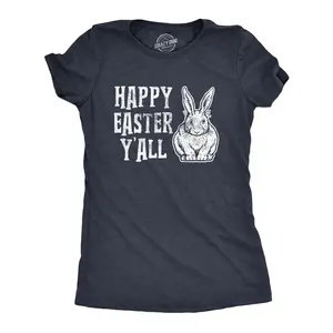 Womens Happy Easter Yall T shirt Funny Bunny Saying Egg Hunt Basket Gift for Her Funny Womens T Shirts Cute Vintage Fashion Casual Ladies T-Shirt Gift Easter Tops for Women Funny Animal Top Women's Novelty Tees Navy