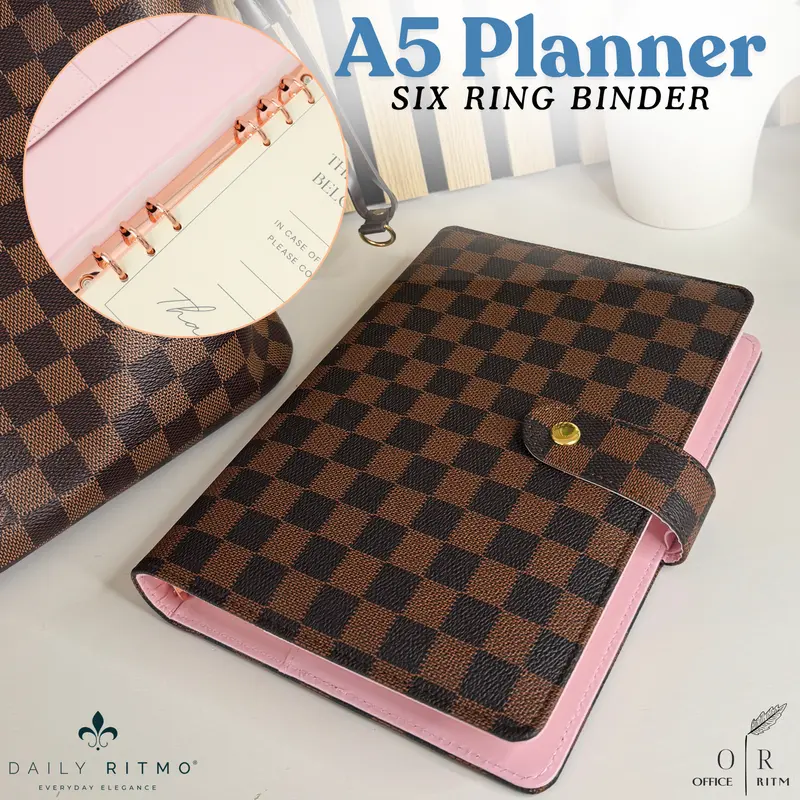 DAILY RITMO A5 Checkered Planner 6-Ring - PU Leather Binder Cover with 160 Pages of Daily To Do List