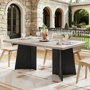 Dining Table for 6-8 People - 63" Modern Long Kitchen Table with Large Tabletop & Pedestal Legs, Dinner Table for Kitchen, Conference Room, Home, Grey & Black