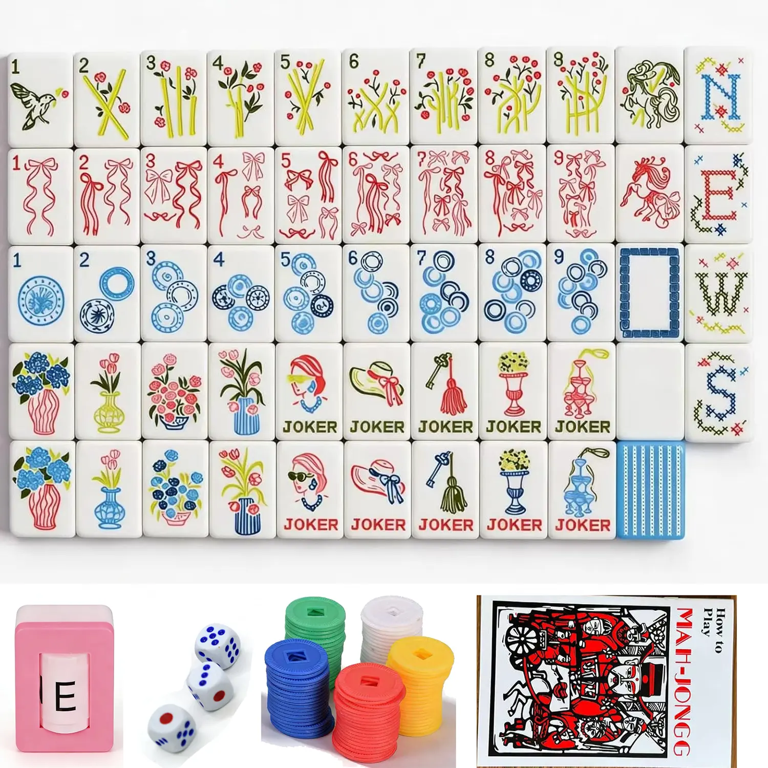 JXJ Mahjong Set - Complete Game with Joker Tiles and Colorful Pieces for Fun Play